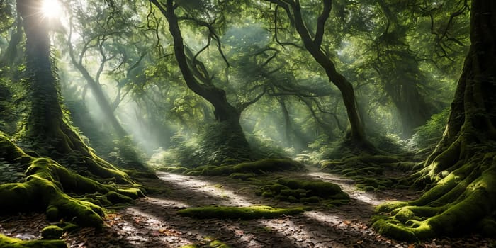 A mysterious forest emerges. Sun rays piercing through the dense canopy, revealing a mystical realm. Shadows dance, whispers echo, enticing exploration. Generative AI.