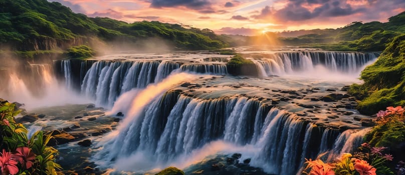 Fantasy landscape with waterfall at sunset, panorama.