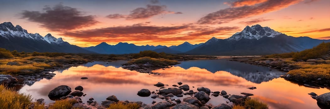 Rugged beauty of a mountain range at golden hour, with the sun setting in the background painting the sky in hues of orange and pink