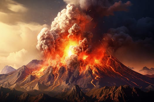 A majestic volcano spewing lava, dark plumes rising against a fiery sky. Landscape transformed in the wake of nature's fury. Generative AI.