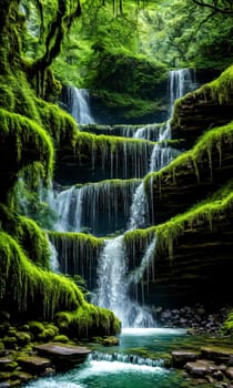 Enchanted Waterfall. A waterfall cascades down moss-covered rocks, revealing a secret grotto behind its veil. Crystal-clear water sparkles with hints of magic, and colorful flowers bloom along the banks.