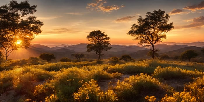 A serene flatland with scattered bushes glows in the setting sun's rays. Majestic hills on the distant horizon add depth to the tranquil scene. Generative AI.