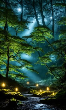 Moonlit Forest Glade. Amidst ancient trees, a moonbeam illuminates a hidden glade. Dew-kissed mushrooms glow softly, and fireflies dance in the night. Ethereal beauty of this mystical meeting place.