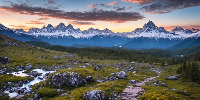 Serene Mountain Vista. Capture a breathtaking sunrise over snow-capped mountains. Panorama