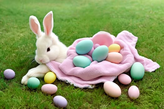 Adorable Bunny Decor. A charming arrangement of plush Easter bunny toys, pastel-colored ribbons, and decorative eggs displayed on a soft, fluffy surface like grass or a cozy blanket to evoke a sense of warmth and cuteness.