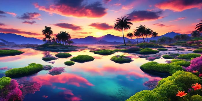 Sunset paints the sky in hues of pink and blue over a tranquil sea, palm trees lining the shore on Paradise fantasy planet.