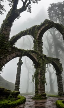 Mist-Clad Ruins. The remnants of an ancient castle, shrouded in mist. Ivy-clad walls crumble gracefully, and forgotten statues guard the entrance.