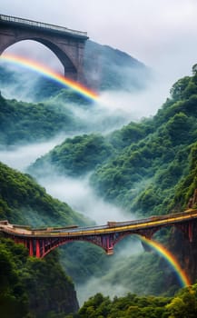 Rainbow Bridge. Arching across a misty gorge, a rainbow bridge connects two worlds. Its colors shift with the light, and travelers-human or magical, cross between realms. The bridge's ephemeral beauty.