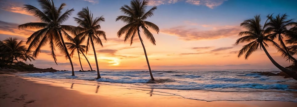 A sunset paints the sky in hues of orange pink over a tranquil beach with a palm tree swaying gently. Waves kiss the shore. Generative AI.