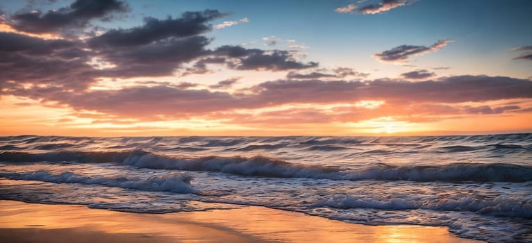 An illustration of sea waves at sunset The shimmering waves reflect the warm hues of the setting sun creating a breathtaking scene. Generative AI