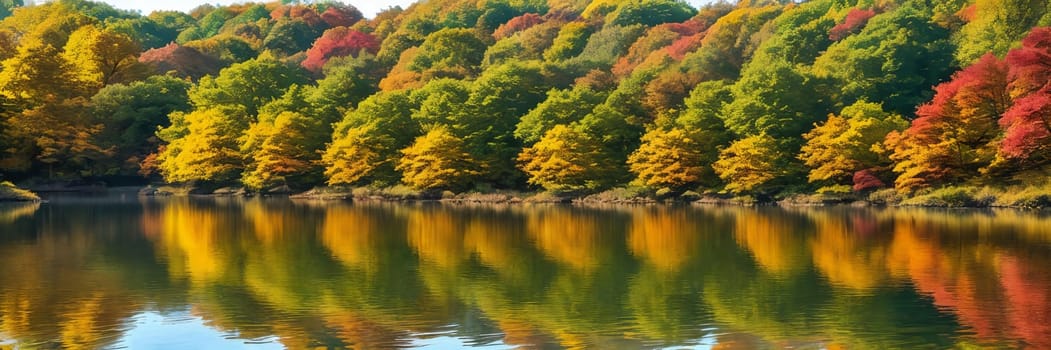 Colorful palette of autumn by focusing on a tranquil lake reflecting the vibrant foliage of surrounding trees on a sunny day