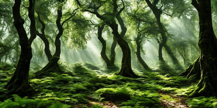 A mysterious forest emerges. Sun rays piercing through the dense canopy, revealing a mystical realm. Shadows dance, whispers echo, enticing exploration. Generative AI.