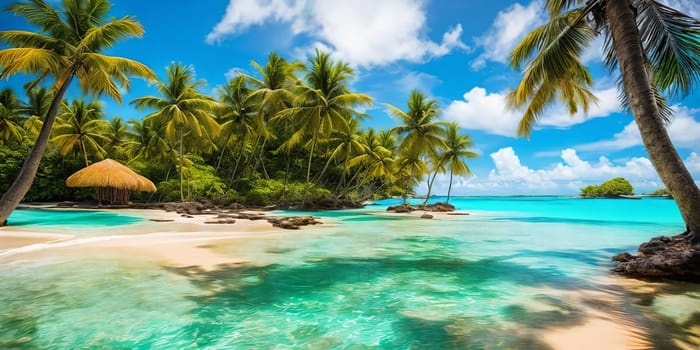 A sunset paints the sky in hues of orange pink over a tranquil beach with a palm tree swaying gently. Waves kiss the shore. Generative AI.