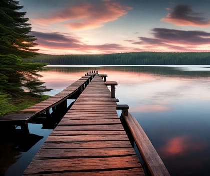 A vibrant sunset paints the sky over a serene lake, casting a radiant glow on a peaceful wooden pier. Generative AI