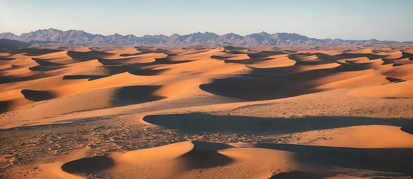 A vast desert expanse with rolling dunes under a cloudy, sunny sky. Generative AI