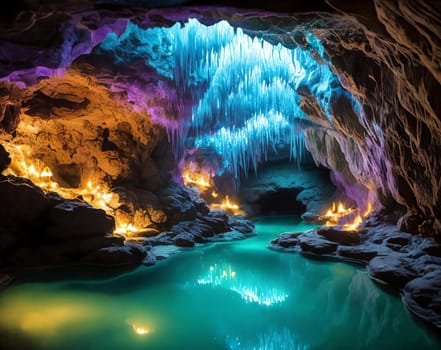 Glowing Caverns. An underground wonderland, a cavern adorned with luminescent crystals. Their soft glow reveals winding tunnels, reflecting pools, and the promise of hidden treasures.