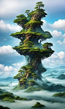 Floating Isles. Above a sea of clouds, islands drift like dreamscapes. Each is a miniature world, lush forests, waterfalls, and floating gardens. The sky holds its breath, and rainbows weave through the mist.