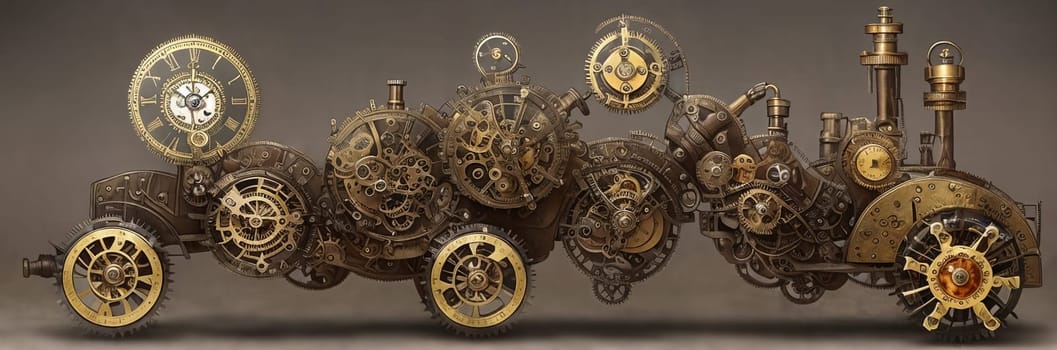 Steampunk Clockwork: An intricate mechanism blending gears, cogs, vintage brass elements, evoking Victorian-era technology. Think of a fusion between artistry functionality in a time-worn machine. Generative AI