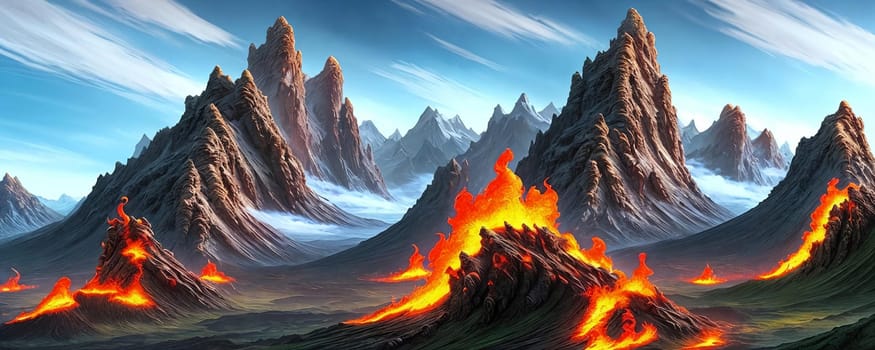 Dragons lair. Rugged grandeur of towering mountains, fierce crags, and treacherous cliffs. Sense of peril and majesty by including sizzling lava flows, billowing smoke, and the glint of colossal dragon scales.