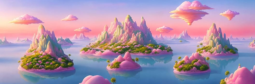 Surreal and dreamlike landscape of floating islands suspended in a pastel-colored sky, connected by delicate bridges and adorned with exotic flora.