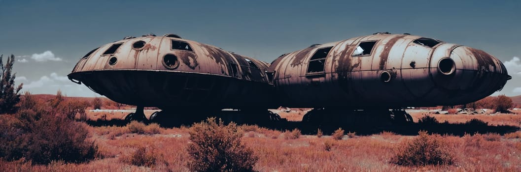 An abandoned spaceship on an alien planet, rusted metal, broken windows, overgrown vegetation reclaim the vessel. A scene of desolation and nature's triumph. Generative AI.