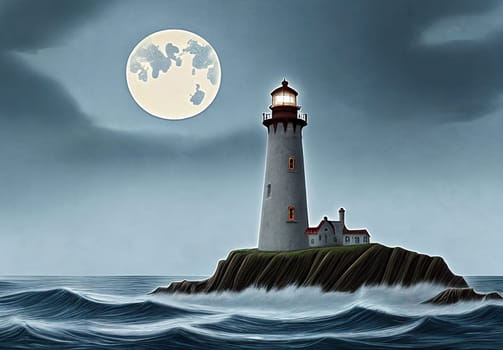 Haunted lighthouse on rocky coast: stormy skies, crashing waves, ghostly light from tower. Eerie atmosphere surrounds the spectral beacon.