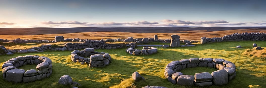 A mysterious and ancient stone circle nestled in a remote moorland, with the setting sun casting long shadows over the weathered monoliths