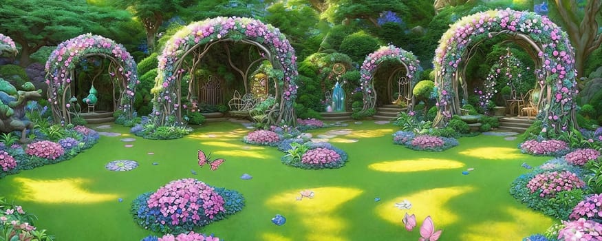 Enchanted Garden. An enchanted garden teeming with fantastical flora and fauna, radiant blooms. Generative A