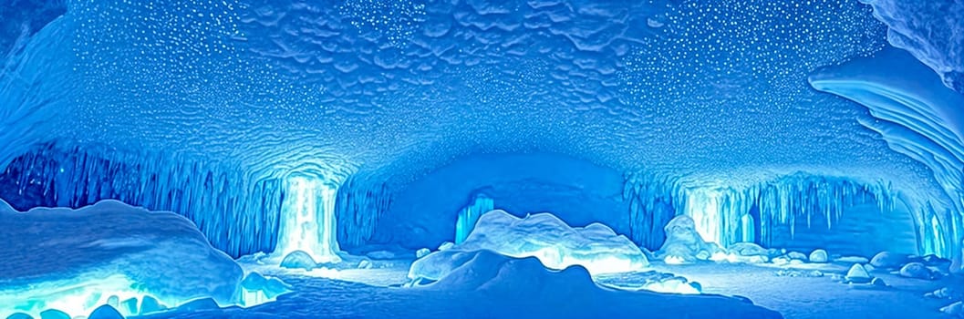 Ethereal ice cave illuminated by the soft glow of bioluminescent crystals, casting an eerie blue light. Generative AI