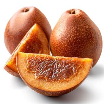 Exotic sapodilla fruit on white isolated background AI generated image