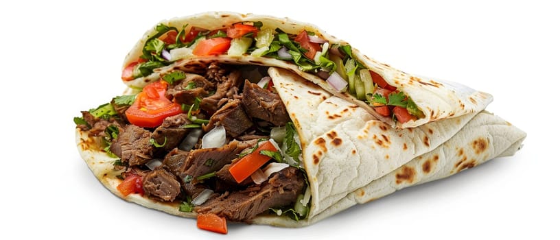 An isolated image of a meat wrap with fresh vegetables and a soft, golden-brown tortilla. The wrap is stuffed with succulent slices of beef, crisp lettuce, and ripe tomatoes