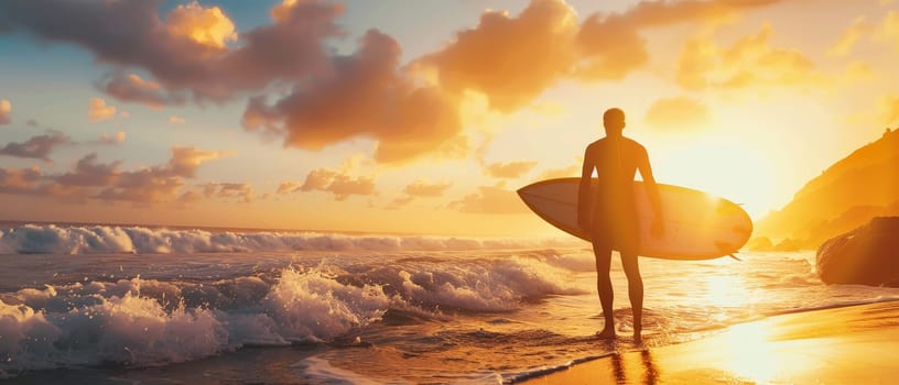 The silhouette of a surfer stands against a vibrant sunset, waves crashing at his feet. It's a moment of harmony between man and the sea