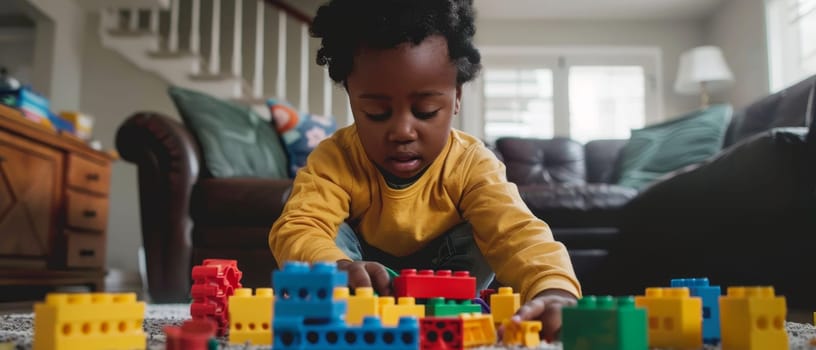 A focused young child with dark hair meticulously builds with brightly colored blocks, demonstrating the power of play in learning. The ambient lighting emphasizes the child's engagement