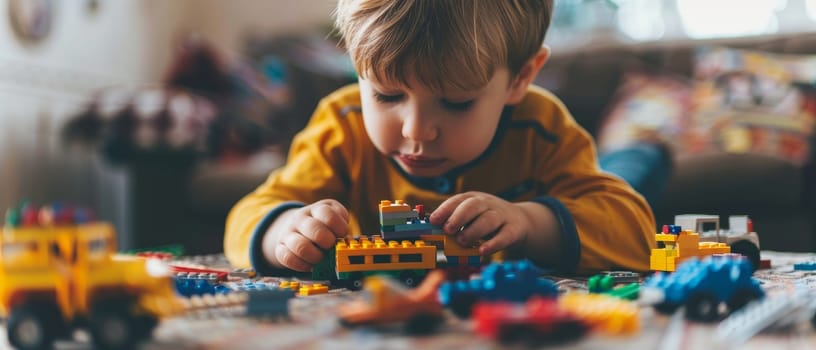 A young child carefully constructs a world of his own using vibrant building blocks, a testament to imagination at play