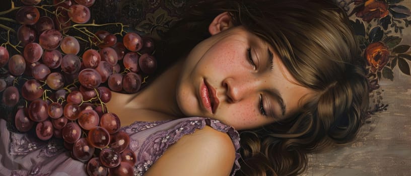 A young girl's peaceful slumber is captured in this painting, her cheek resting on a bed of ripe grapes. The lush fruit contrasts with her delicate features and freckled skin