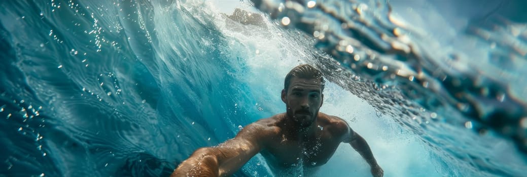 A swimmer glides underwater with a focused gaze, the water's texture highlighted by the light above. The image encapsulates the essence of fluid motion and athleticism