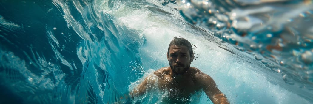 A man emerges underwater, sunbeams piercing the ocean's surface around him. The clarity of the water captures his focused expression amidst the dynamic play of light and shadow