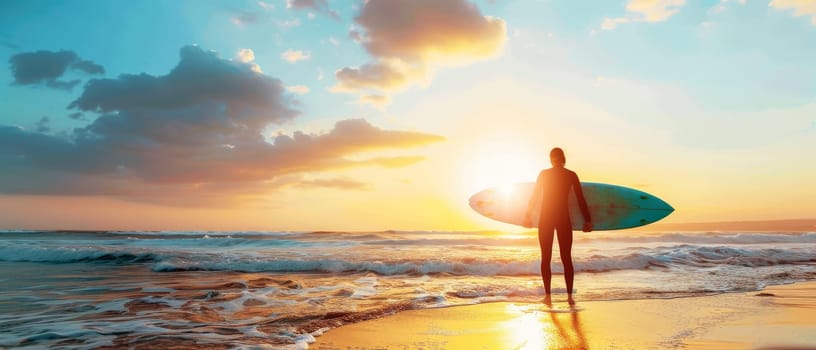 A lone surfer stands on the shore, contemplating the waves at sunrise. The sky's warm hues cast a hopeful glow on the new day