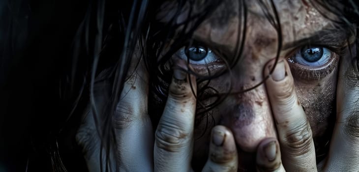 A close-up shows a woman with striking blue eyes, framed by dirt and distress, peering through fingers