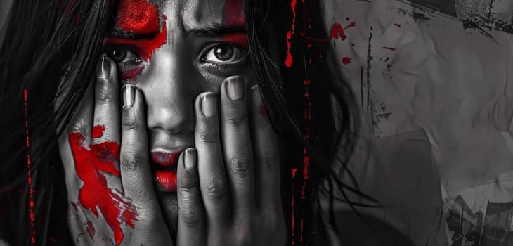 An artistic blend of grunge textures and a woman's face with red accents, highlighting a haunting narrative