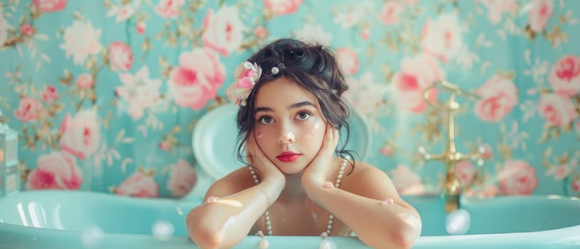 Submerged in a floral bath, a young woman's playful expression is framed by blossoms and bubbles. The whimsical scene exudes charm and a sense of carefree indulgence