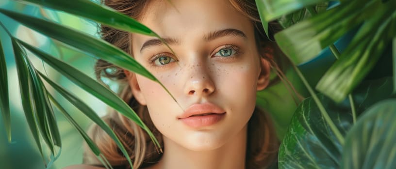 Sheltered by lush greenery, a young girl's captivating green eyes reflect a serene tropical oasis. Her gaze is as inviting as the natural world embracing her