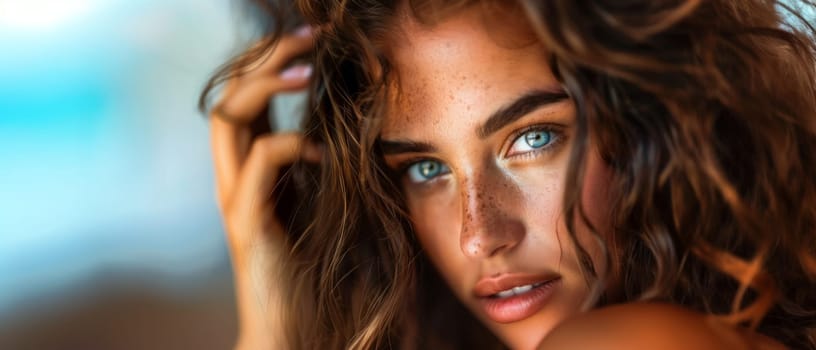 Sunlight kisses the skin of a woman with deep blue eyes and freckled cheeks, evoking a natural allure. The panoramic view enhances her captivating gaze, as if she's a siren of the sea