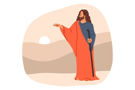 Jesus christ from bible and christian religion, stands near hills and sunset, giving parting words to followers. Messiah of catholic faith, jesus with kind expression on face extends hand forward