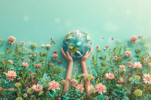 Hand holding planet earth surrounded by flowers, green deal, protect nature, sustainable lifestyle, ecology and environment