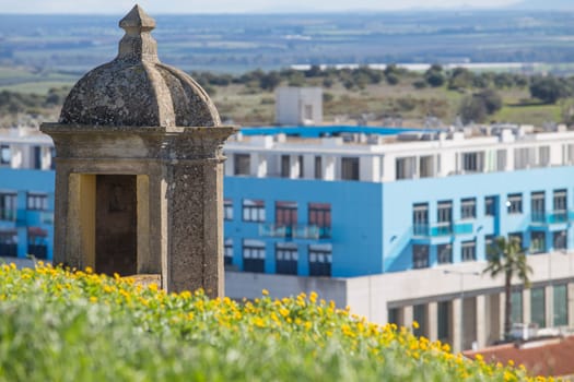 View of modern buildings from old town forts, Elvas. Portugal. Sentry vox detail