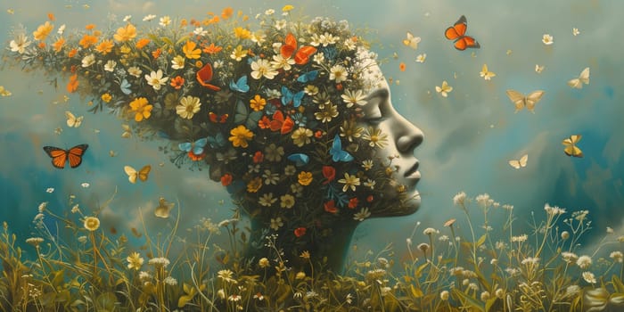 Human mind with flowers, positive thinking, creative brain, self care and mental health concept, woman with spring blossoms