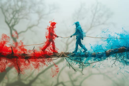 Psychology and mental health stability, state of mind, emotional intelligence, man balance on a thin rope, decision and opportunity, think different, divided personality