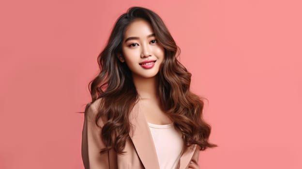 asian woman in business suit with pink background, ai