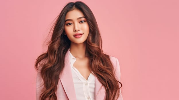 asian woman in business suit with pink background, ai